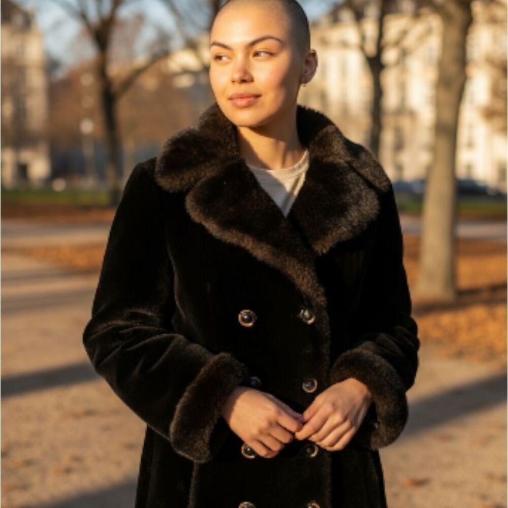 Vintage 1970s Double Breasted Black & Brown Faux Fur Coat | Borgazia by Fairmoor